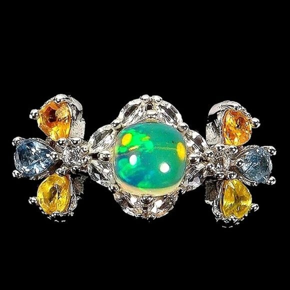 Natural Fire Opal 6mm, Sapphire, Topaz 925 Sterling Silver Jewelry Ring Sz 6.75 - Picture 6 of 7
